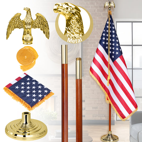 XIFAN 7FT Indoor Georgia Flag Set – Solid Oak Pole, Gold Fringe GA Flag, Eagle Topper & Stand